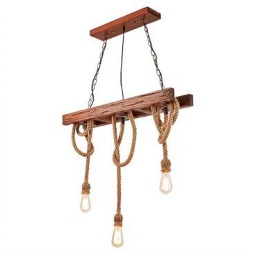 Imagem de Luminária pendente retrô vintage de madeira com 3 chamas para sala de jantar, com cabo de corda de cânhamo, em formato de escada, design industrial com altura ajustável e soquete E27. Ideal