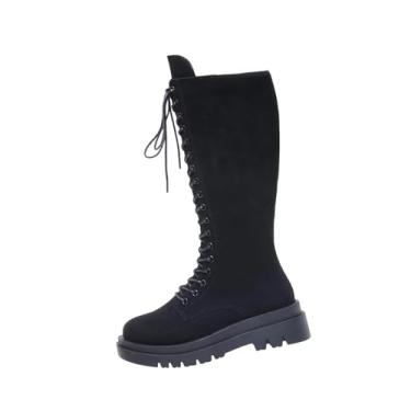 Imagem de Botas femininas de cano alto com cadarço plus size outono inverno moderno moderno moderno calçado de equitação britânico, Preto, 38