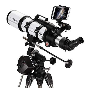 Imagem de pcagfaajmh Telescópio refrator de comprimento focal de 600 mm, película verde multicamadas com suporte equatorial, localizador de telefone celular, estrela, manual de calibração coaxial
