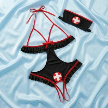Imagem de Women Sexy Nurse Costume Lingerie Set,Cosplay Lingerie Outfit - Halter Bra & Crotchless Mini Skirt with Headband for Cosplay/Black-L