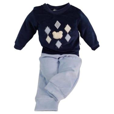 Imagem de Conjunto Longo Plush Luxo Blusa Calça Bebê Menino Ref 7294 - Azul - P ( 2 - 3 MESES )-Masculino