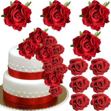 Imagem de Ephlyn Decoração de bolo de flor de rosa artificial dois tamanhos palhetas de bolo de rosa vermelha para casamento, aniversário, dia dos namorados, decoração de bolos faça você mesmo, suprimentos