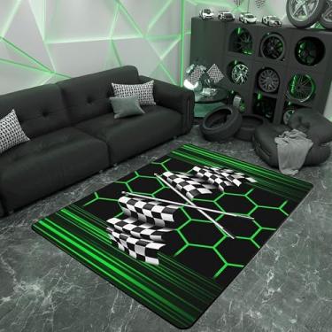 Imagem de Tapete de bandeira quadriculada preto branco 3'x5' (100 cm x 150 cm x 1 cm), tapete de área de decoração geométrica de favo de mel para mulheres homens, tapete de carro de corrida sem queda para