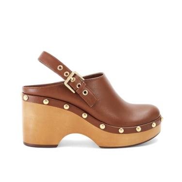 Imagem de OMLISHZTY Tamancos femininos de couro cravejados, bico fechado, sem cadarço, plataforma vintage, salto cunha, fivela de outono, sapatos deslizantes casuais confortáveis para uso diário, Marrom, 35 BR