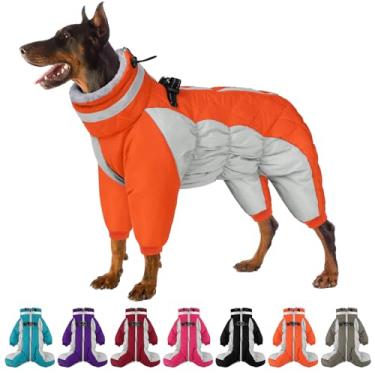 Imagem de SUNFURA Casaco de cachorro de corpo inteiro – Jaqueta de lã quente para cães grandes, casacos de inverno com gola rolê com arnês, macacão refletivo para neve para cães à prova de vento, jaquetas