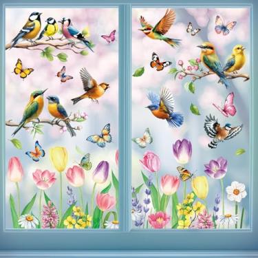 Imagem de Adesivos de janela primavera verão para janelas de vidro, 9 folhas dupla face beija-flor borboleta tulipa flor adesivos de janela autoadesivos estáticos para decoração de casa, escola, escritório