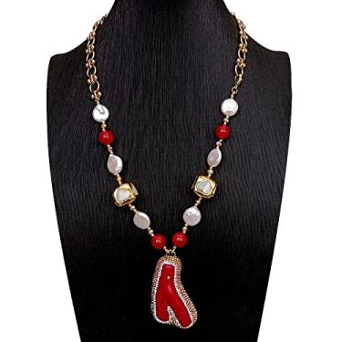 Imagem de DWBPGVUN Colar gargantilha de pérola branca cultivada em água doce com concha de mar branco 31 x 54 mm pingente de ramo de coral vermelho