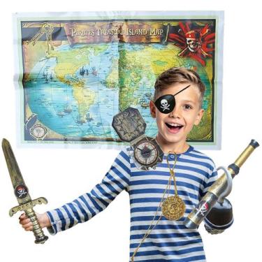 Imagem de Kit Acessório Fantasia Infantil Pirata: Mapa + Bússola + Gancho + Tapa