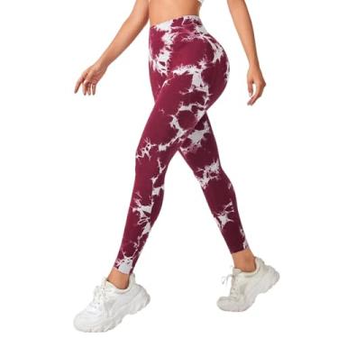 Imagem de tincolia Meia-calça feminina de ioga moderna tie dye, sem costura, alta elasticidade, controle de barriga, calça de corrida - vinho tinto-M