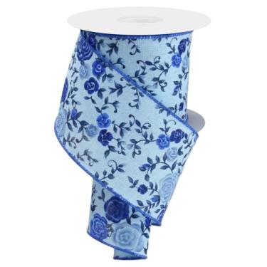 Imagem de Mini fita de rosas com fio para laços, grinaldas, embrulho de presente, arranjos florais, artesanato e decorações (azul claro, azul, multi, 6,3 cm de largura x 10 jardas)
