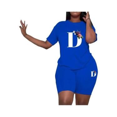 Imagem de Conjunto De Moletom Feminino Azul Com Estampa A-Z, Casual, 2 Peças, Mo