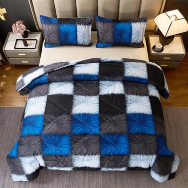 Imagem de Caressma Conjunto de cama com edredom xadrez preto e azul marinho, tamanho casal, azul, branco, quadriculado, decoração de casa para todas as estações