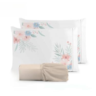 Imagem de Kit Jogo De Cama Lençol Liso Fronha Estampada Micropercal 400 Fios Ponto Palito(Flor Rosê Lençol Avelã,Casal Queen 03 Peças)