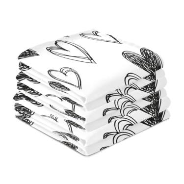 Imagem de Wassud Balck White Hearts Toalhas de prato de cozinha pacote com 6 panos de prato macios com laço para pendurar toalha de mão de secagem rápida super absorvente toalhas de chá de mesa decorativas 71 x