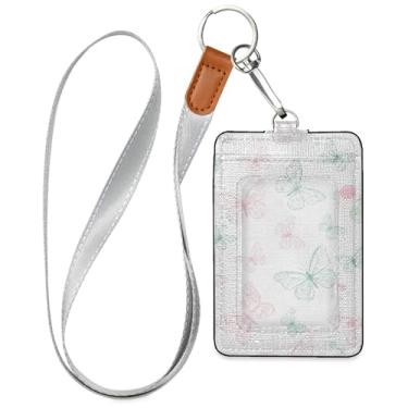 Imagem de Burbuja Porta-crachá de couro com cordão, etiqueta de identificação de borboletas com 1 janela transparente para identidade e 2 compartimentos para cartão para escritório, enfermeira, professor