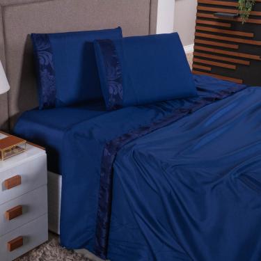 Imagem de Jogo de Lençol Zurique Queen 4 Peças Micro Percal 400 Fios Friso Decorativo - Azul Marinho