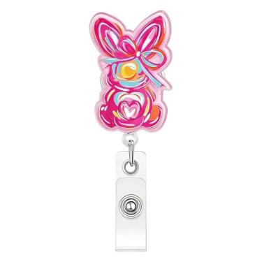 Imagem de Carretel de crachá de coelhinho da Páscoa com laço - porta-identidade retrátil extralongo de 68 cm, pingente de coelho fofo de acrílico com clipe jacaré para enfermeiras, professores, mulheres (rosa