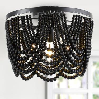 Imagem de Lustre Boho preto, lustre com contas de madeira, luminária de teto de 32 cm Bohemia Drapeada com Miçangas Embutidas/Montagem Semi Embutida para Sala de Jantar Quarto Corredor