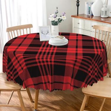 Imagem de Laeacco Toalha de mesa redonda quadriculada de 122 cm, preta, vermelha, xadrez, lavável, à prova d'água, sem vincos, para fazenda, cozinha, sala de jantar, piquenique, festa de aniversário