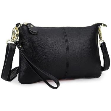 Imagem de AurexaFashion Bolsa tiracolo feminina de couro legítimo, bolsa de mão fina para cartão de crédito, bolsa clutch, #01 Preto, Small 9.5" X 5.6" x 0.5", Bolsa tiracolo de couro genuíno carteira fina