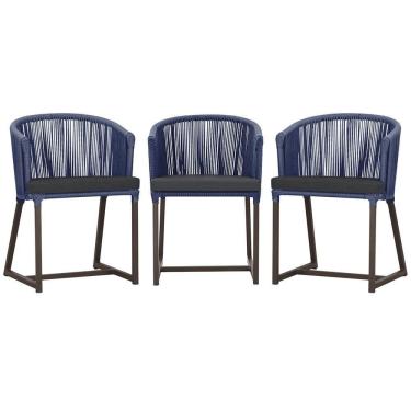 Imagem de 3 Cadeiras De Jantar Noronha Marrom Corda Náutica E11 Trama Azul