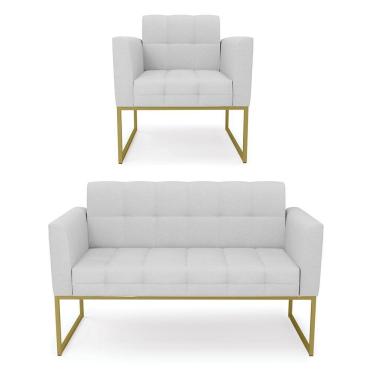 Imagem de Kit 1 Sofá Namoradeira E 1 Poltrona Elisa Linho Cinza A05 Base Metálica Industrial Dourado D03 - DRossi