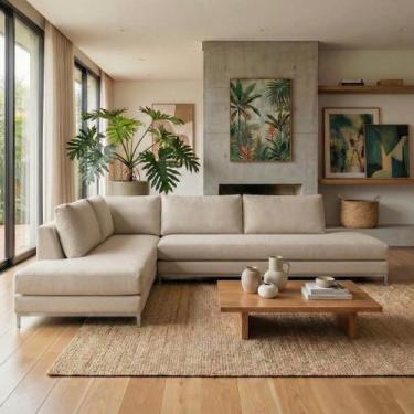 Imagem de Sofá de Canto 5 Lugares com Chaise Lado Esquerdo em Veludo Bege Claro 