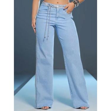 Imagem de Calça Wide Leg com Cinto e Strass Pit Bull Jeans 86189, Azul claro, 42