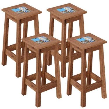 Imagem de Kit 04 Banquetas Altas De Madeira Maciça Pinus Com Cerâmica Vintage Rú