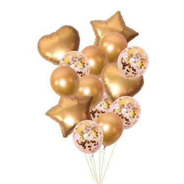 Imagem de Kit de balões de festa: 14 balões de látex com Mylar Heart Gold - yiwe