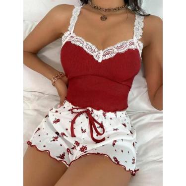 Imagem de Conjunto De Pijama Sexy Feminino Em Renda, Camisola Slim Fit E Shorts,