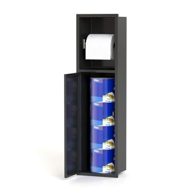 Imagem de ybaymy Suporte de papel higiênico embutido, armário de armazenamento estreito de papel higiênico com suporte de escova de vaso sanitário, suporte de papel de parede de aço inoxidável 304 para