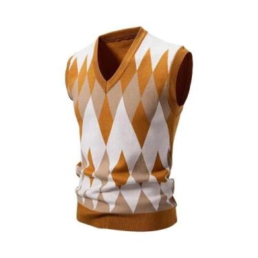 Imagem de Colete Masculino Slim Fit Com Decote Em V, Tricô Argyle, Pullover Casu