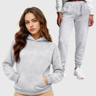 Imagem de Conjunto Moletom Blusa Canguru + Calça Feminina Lisa-Feminino