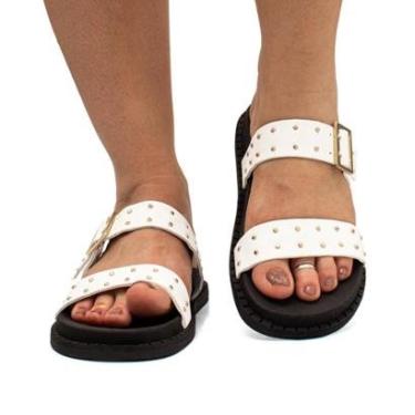 Imagem de Sandália Flat Feminina Papete Flatform Casual Plataforma Brilho Metálico Enfeite Metal-...