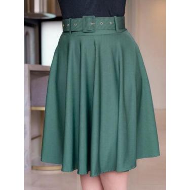 Imagem de Saia Midi Godê Social Elegante com Cinto Evangélico - Fashion, Verde m