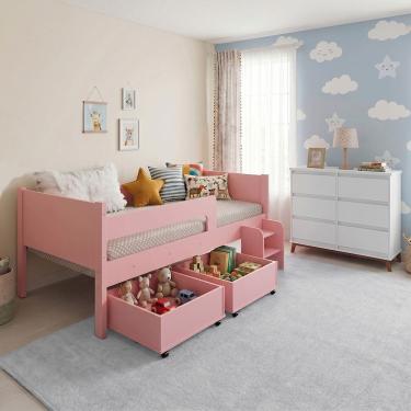 Imagem de Conjunto Cama Infantil Luna Plus 2 Baús e Escada + Cômoda Londres 6 Gavetas Branco/rosa