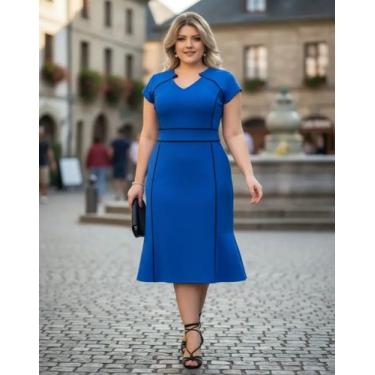 Imagem de Vestido Midi Plus Size Viés Moda Evangélica Feminina - Miss FLOWER, Az