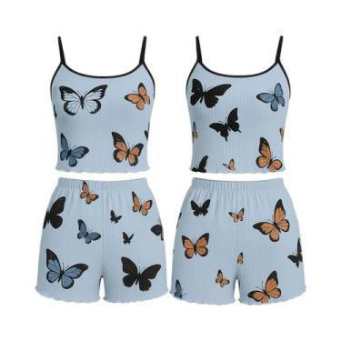 Imagem de Conjunto De Pijama Feminino Com Estampa De Borboleta, Top Cami, Cintur