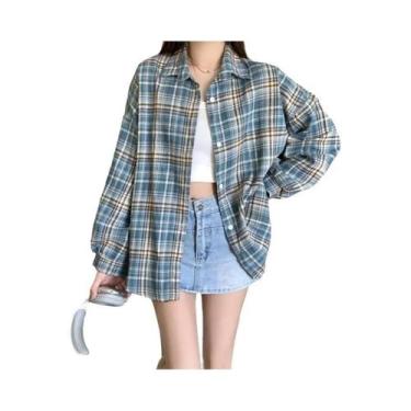 Imagem de Camisa De Flanela Oversized Com Estampa Xadrez Tartan Para Mulheres, M