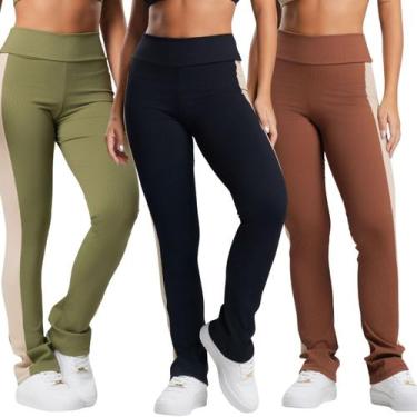 Imagem de KIT 3 Calça Fitness Canelado Feminino Bella Fiore Academia Cintura Alt