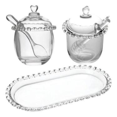 Imagem de Kit Meleira + Açucareiro + Bandeja De Cristal Coração Lyor