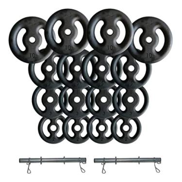 Imagem de Kit 80kg De Anilhas De Ferro + 2 Barras 40cm C/presilhas