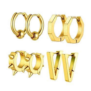 Imagem de GoldChic Jewelry Brincos masculinos de aço cirúrgico, hipster, punk, argola para homens/mulheres, hipoalergênicos para orelhas sensíveis, caixa de presente incluída, 19G, Banhado a ouro 18K, Sem pedra