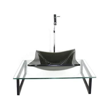 Imagem de KIT CUBA DE VIDRO QUADRADA 10MM OURO ENVELHECIDO COM TAMPO 50CM INCOLOR E SUPORTE PRETO