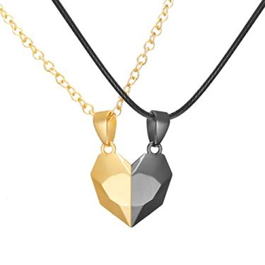 Imagem de heave 2pcs Colar personalizado, colar de pingente de coração banhado a ouro, magnético ajustável combinando duas almas um colares de pingente de coração para homens Ouro Preto