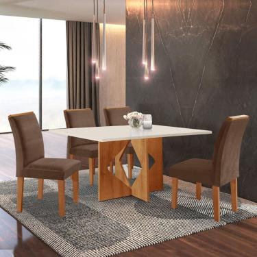 Imagem de Conjunto Sala de Jantar Mesa Laura Tampo Dakota Plus 120x80cm com 4 Cadeiras Laura Yescasa Cinamomo/Off White/Suede Animale