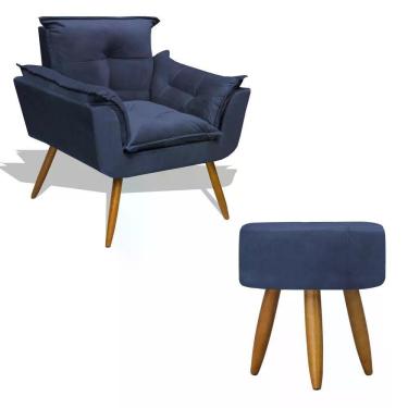 Imagem de Kit Poltrona Decorativa Opala C/Puff Redondo Azul Marinho