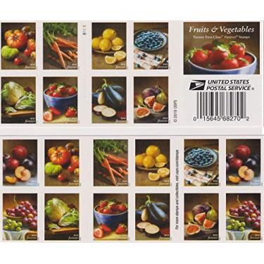 Imagem de USPS Frutas e vegetais (Livro com 20) (ameixas, tomates cereja, cenouras, limões, mirtilos, uvas vermelhas e verdes, alface, morangos, berinjelas, figos) Selos Postage Forever 2020 Scott #5484-5493