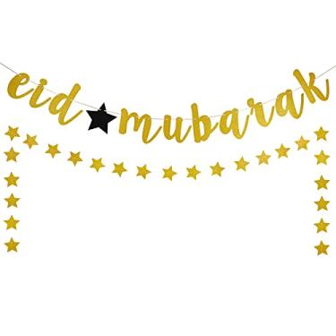 Imagem de Faixa dourada Eid Mubarak + faixa de guirlanda de estrelas para decorações de festa Eid Ramadan, festival, mubarak, lareira, lareira, artigos de decoração para ambientes internos e externos